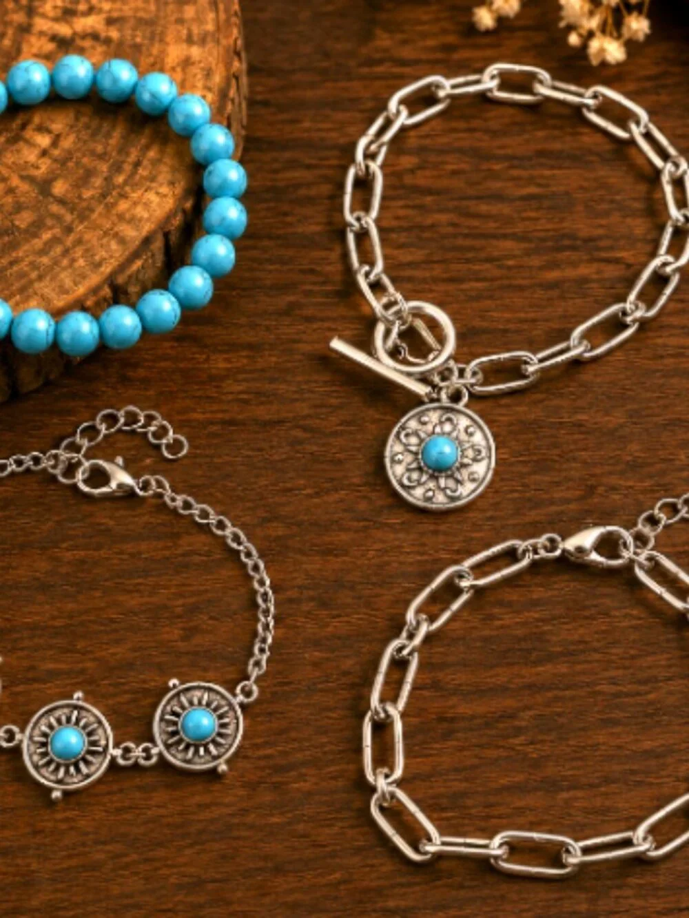 50pc Turquoise & Silver Tone Western style Jewelry Mixed Lot Earrings Rings Boho